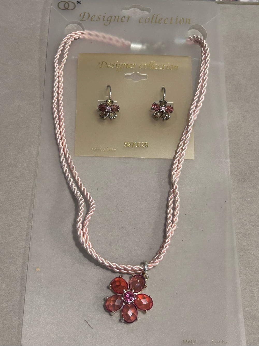 Pink Floral Crystal Necklace & Earring Set